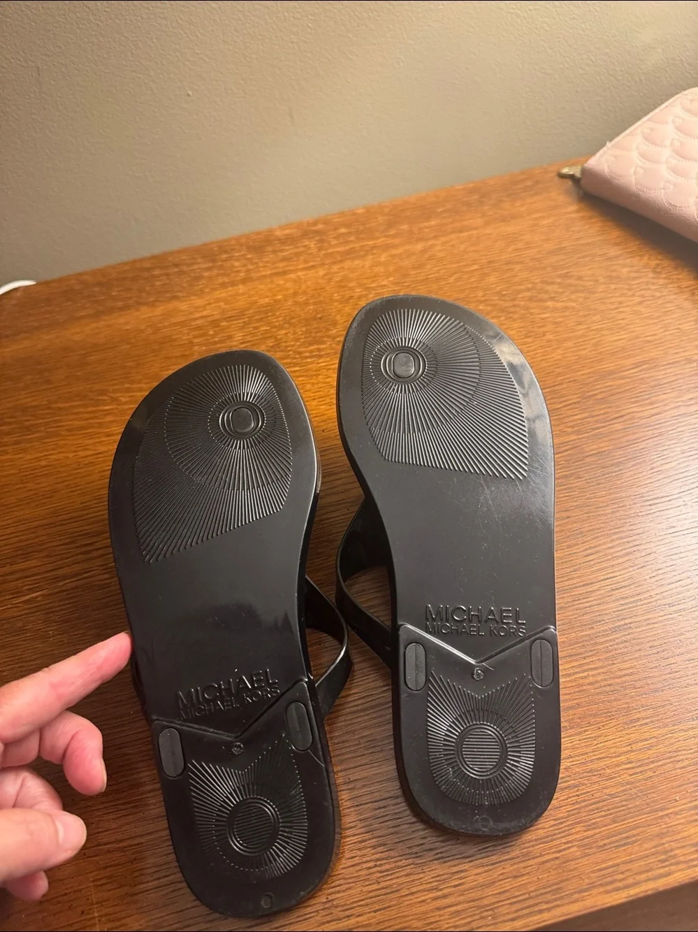 Michael Kors Black Flip Flop Sandals with Gold MK Medallion